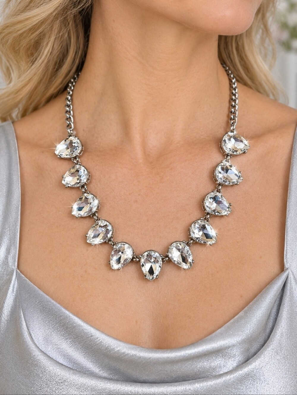 Natasha Brand Signed Cryal Clear Faceted Teardrop Silver Tone Statement Necklace